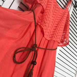 Dark peach maxi dress with brown braided slim belt